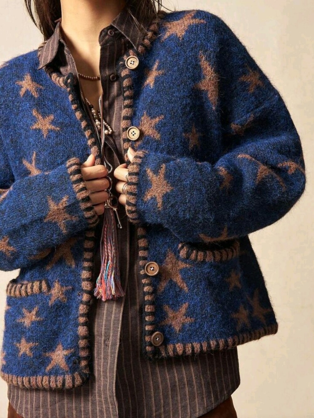Women's Casual Star Jacquard Fuzzy Knit Cardigan,90s Retro Loose Long S - Picture 3 of 5